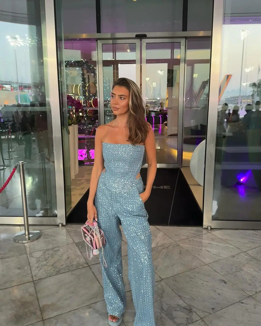 Fashion Sequins Denim Set Women Strapless Tunic Waist Crop Top and Wide Leg Pant Suit 2 Piece Sets Outfits Tracksuit 250811
