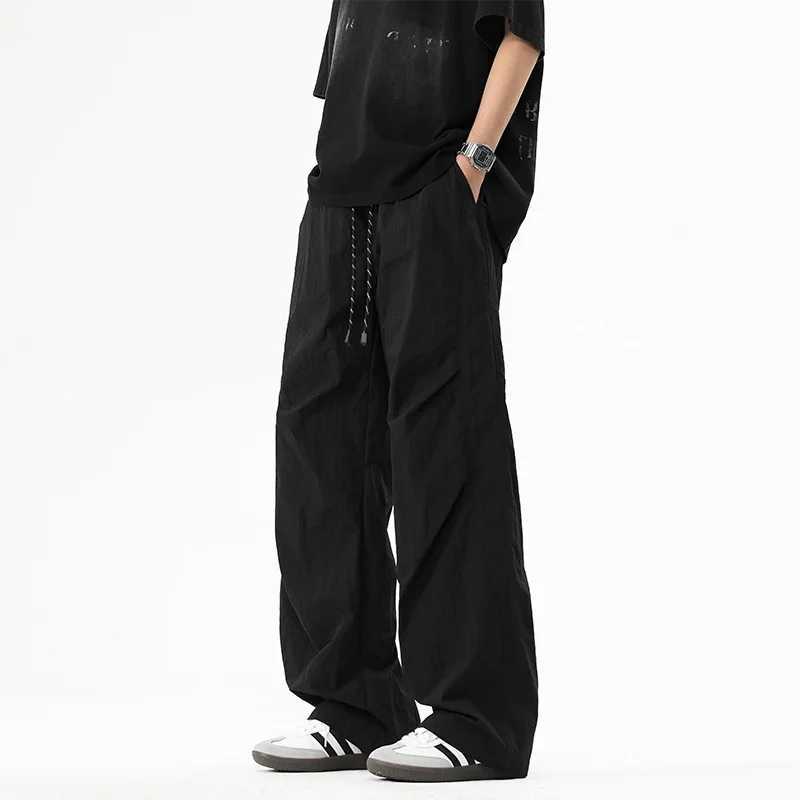 Spring Summer Cargo Pants Mens Harajuku Street Y2k Solid Color Drawstring Wide Leg Pants Outdoor Casual Fishing Sports Pants W250812
