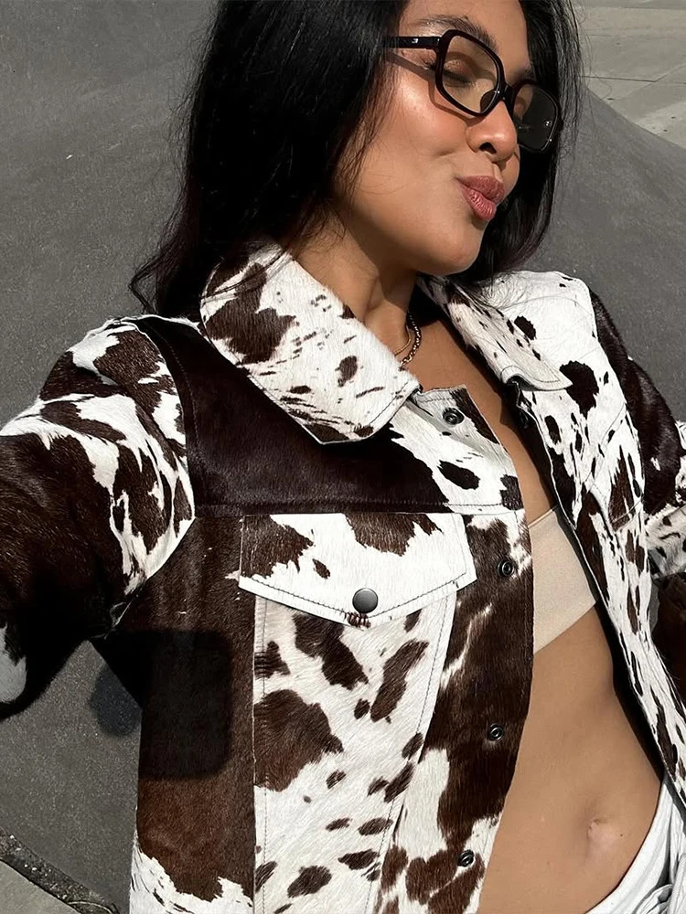 Cow Printed Flax Jacket Women Short Length Button Front Collared Neckline Coat 2025 Autumn Street Fashion Lady Outerwear 250811