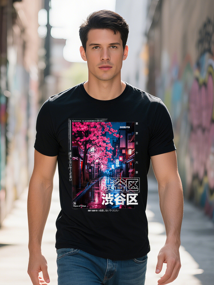 Japanese Streetwear Retro Aesthetic Shibuya Tokyo Graphic T Shirt Selected fun design DIY pure cotton rich