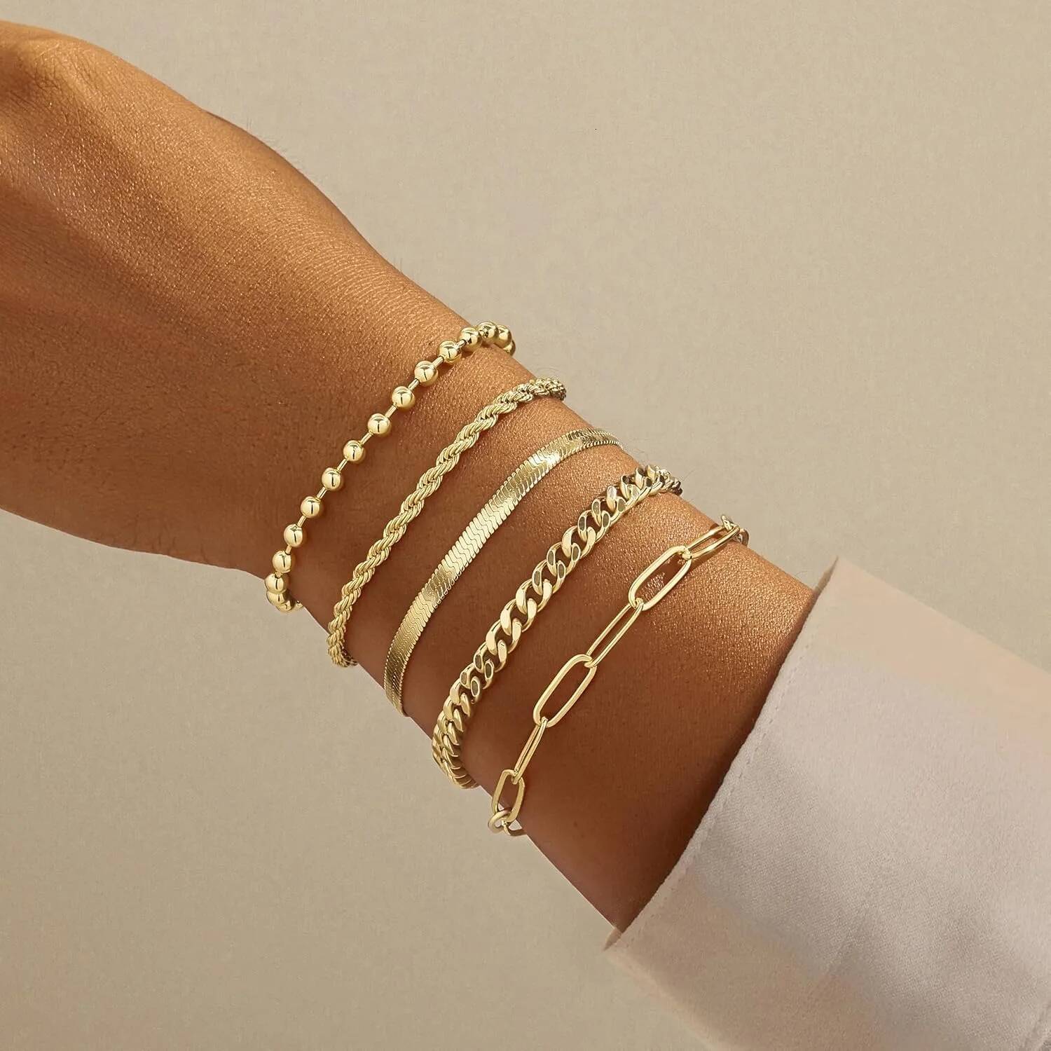 Set Gold Bracelets Stack With Beaded, Cuban, Paperclip, Snake, Rope Gifts for Women