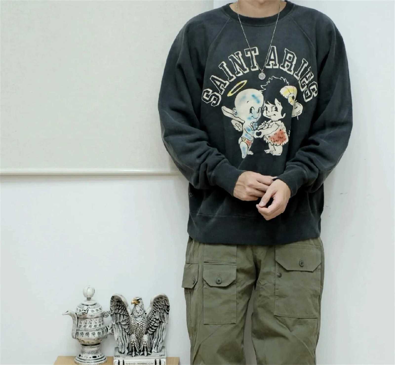 SAINT OF MICHAEL Angel Vintage Distressed Loose Round-NeCK Sweater High-Street Cotton Casual Loose Sweatshirt For Men Y250811