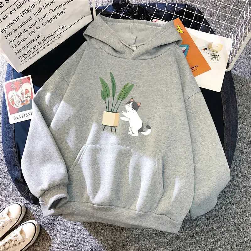 Teens Cute Cat and Plant Print Hoodies Casual Couple Hip Hop Streetwear Spring Long Sleeve Hoody Sweatshirts Y250811