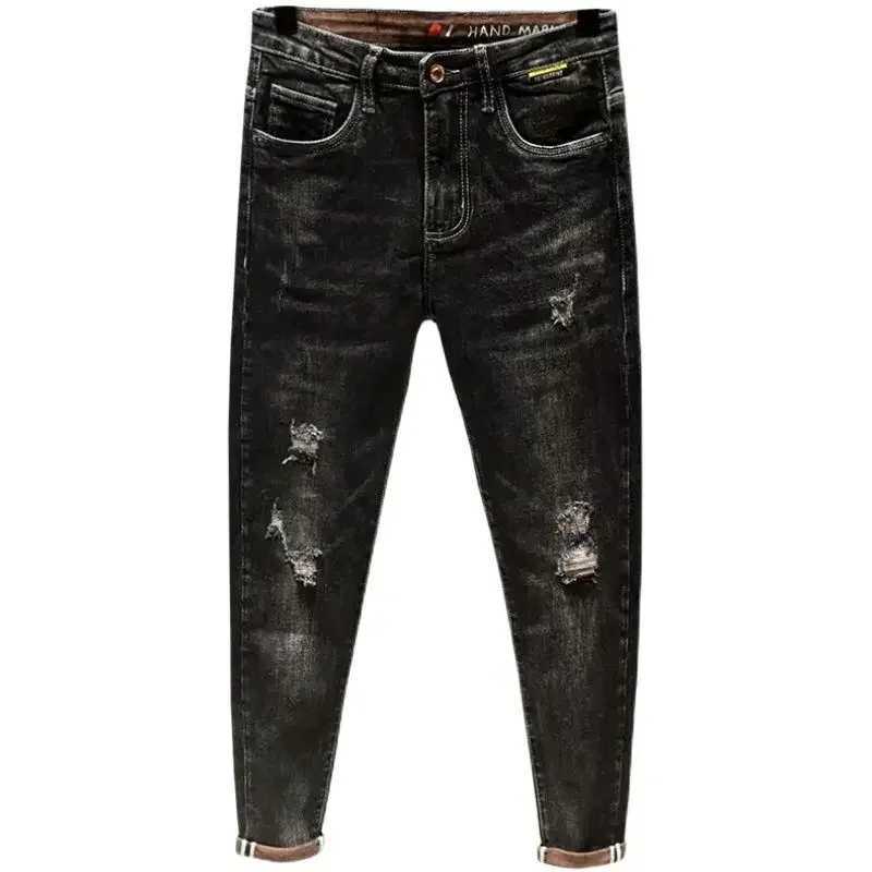 Mens Skinny Tight Pipe Jeans with Holes Black Broken Cowboy Pants Torn Ripped Slim Fit Designer Spring Autumn Xs X250812