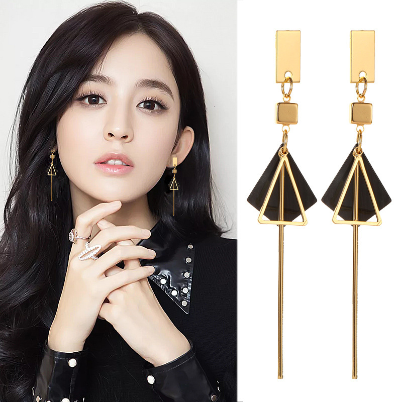 Korean Fashion Internet Celebrity Tassel Acetate Sheet Stud Cool Style Long Triangle Earrings