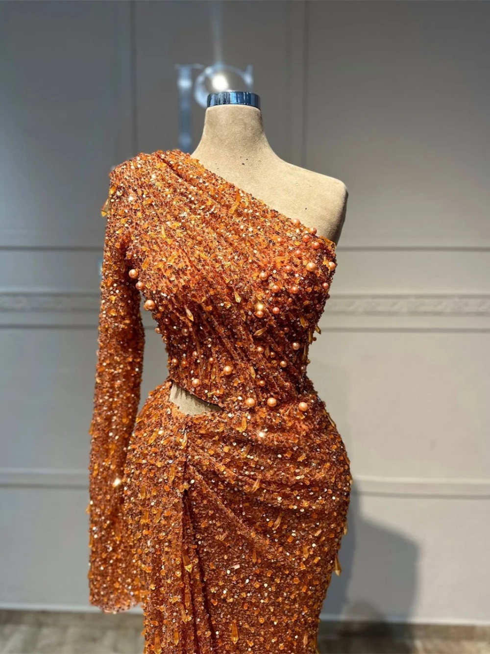 Glitter Sequins Mermaid Evening Dress One Shoulder Long Sleeve Pearls Prom Gowns Beaded Floor Length Party Dresses Customized