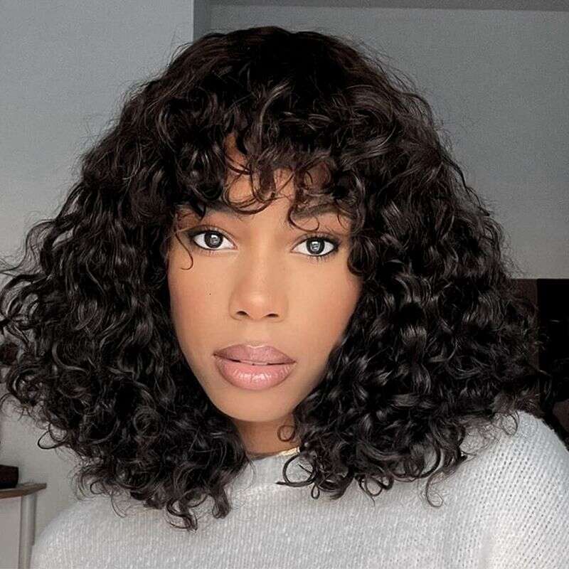 14 Inch Water Ripple Hine-Made With Bangs 180% Density Glue-Free Lace Rose Mesh Human Hair Curly Wig Head Cover For Women