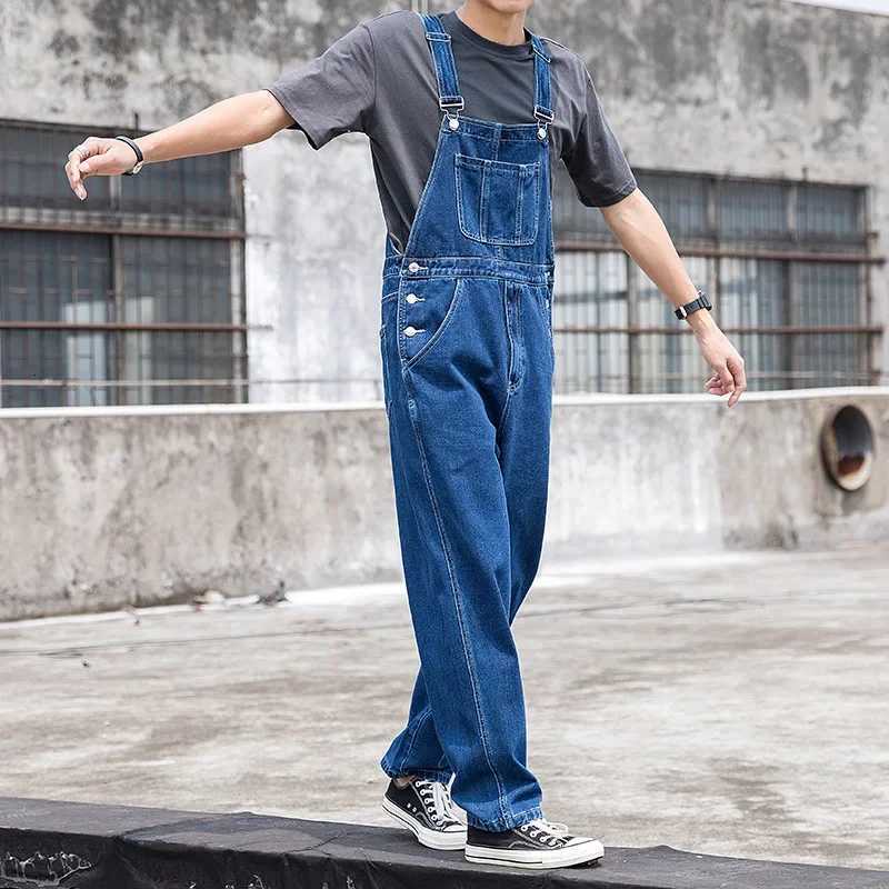 Blue Mens Suspenders Loose Straight Unisex Work Pants One Piece Tooling Suspenders Pants Men Denim Jumpsuit X250812
