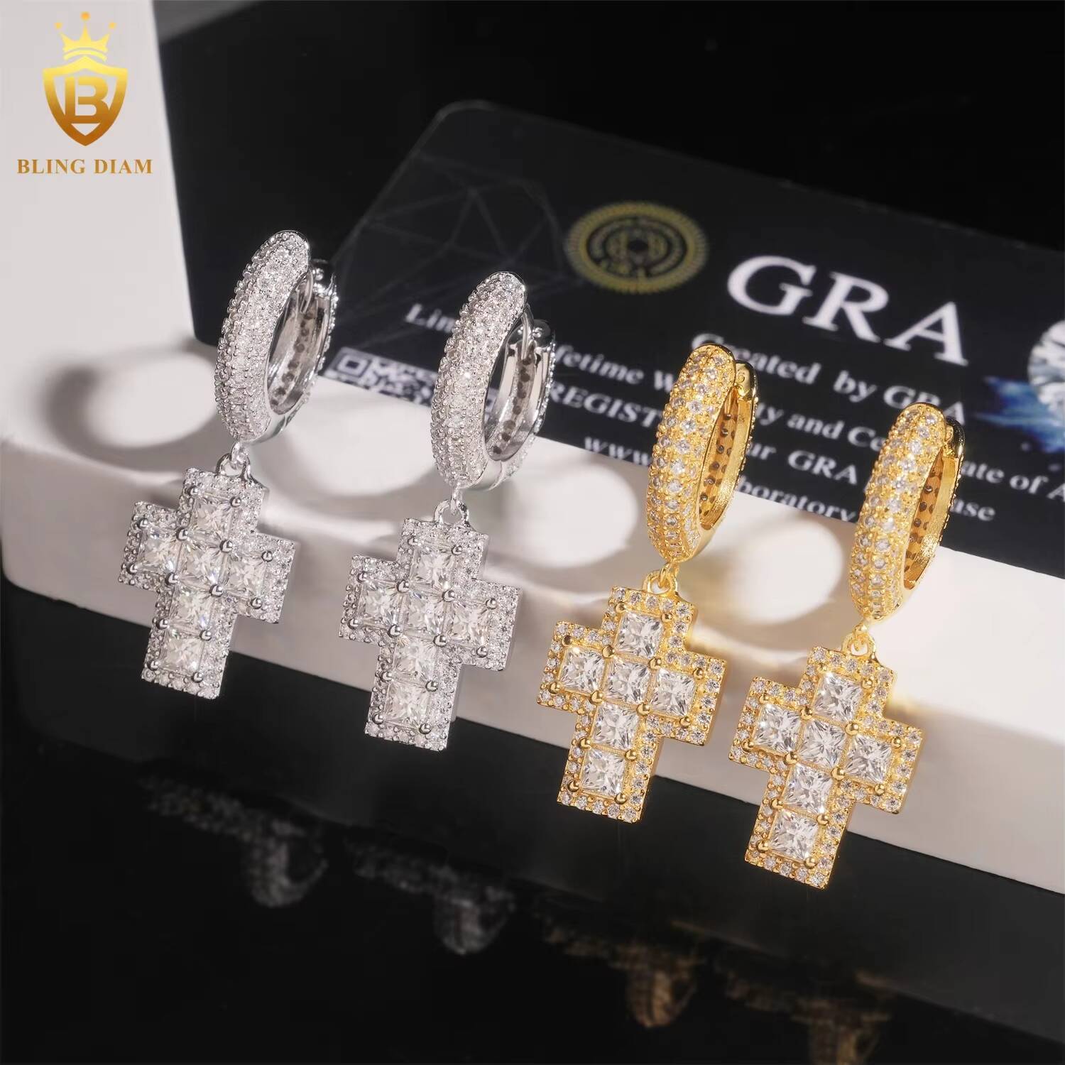 Fine Jewelry Luxury 925 Sterling Silver VVS Moissanite Hip Hop Custom Cross Earrings