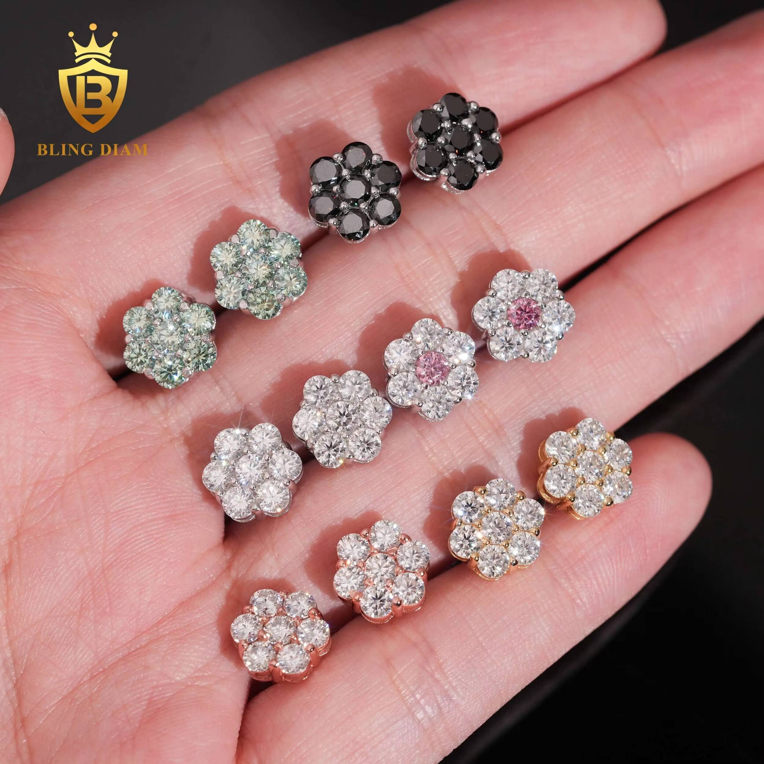 Hip Hop Fine Jewelry Sterling Silver 925 VVS Moissanite Diamond Stud Earrings Iced Out Flower Earrings