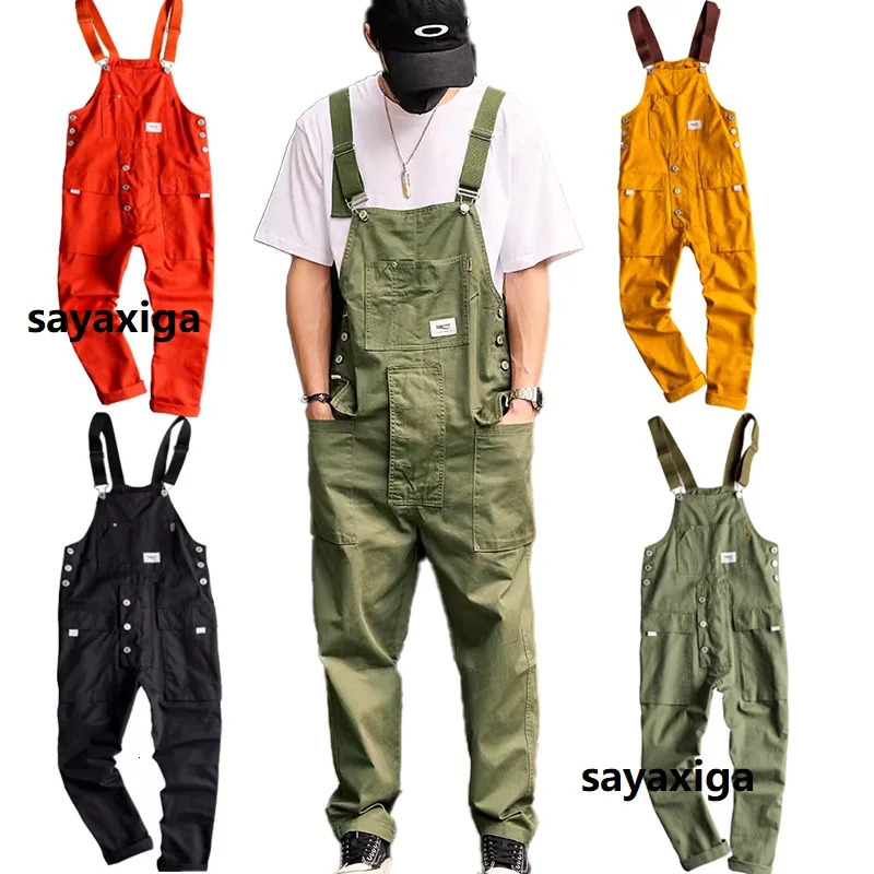 Spring Overalls Mens Bib Jumpsuits Cotton Multi Pocket Straight Loose Casual Pants Clothing Hip Hop Coverall Yellow Trousers 250729