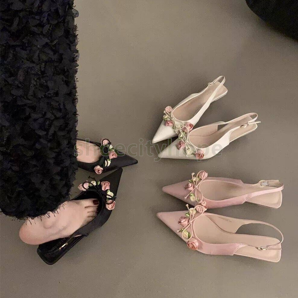 designer shoes pointed toe slingbacks loafers womens elegant pink black white comfort low heels soft sole ladies flower mary jane shoes size 35-40