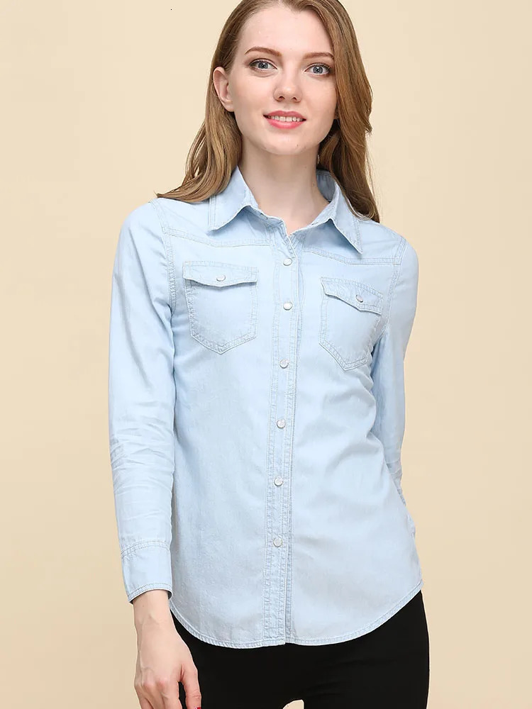 Autumn Denim Shirts And Blouse For Women Korean Style Long Sleeve Top Blue Or Sky Blue Color Jeans Elegant Blouses 250811