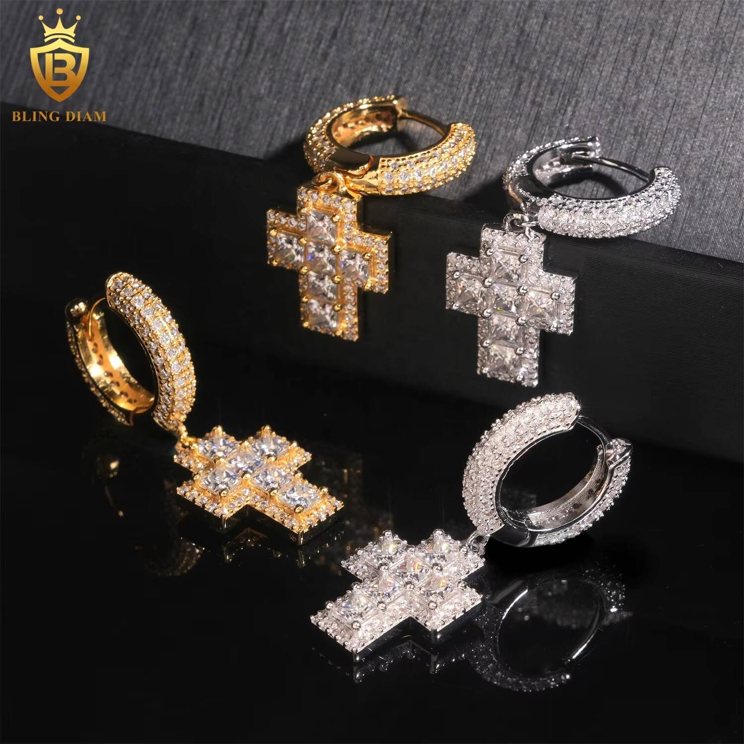 Fine Jewelry Luxury 925 Sterling Silver VVS Moissanite Hip Hop Custom Cross Earrings