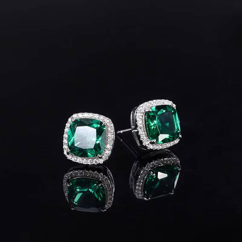 Wholesale Jewelry S925 Silver Hot Sell Artificial Emerald Diamond Pendant Earrings Set Stone 8*8