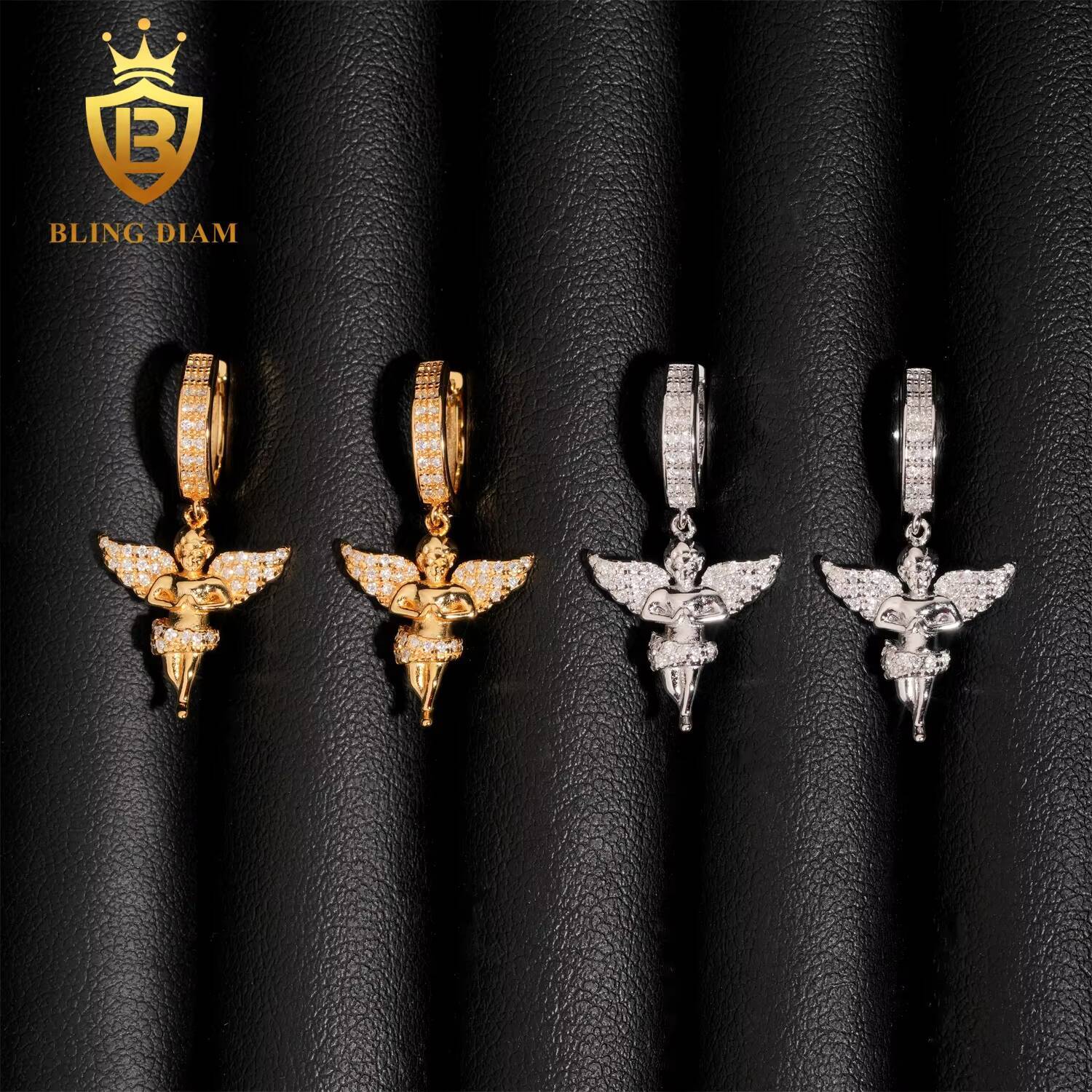 Luxury Style Popular Gold Plated 925 Sterling Silver Drop Angle Charm Moissanite Hoop Earrings