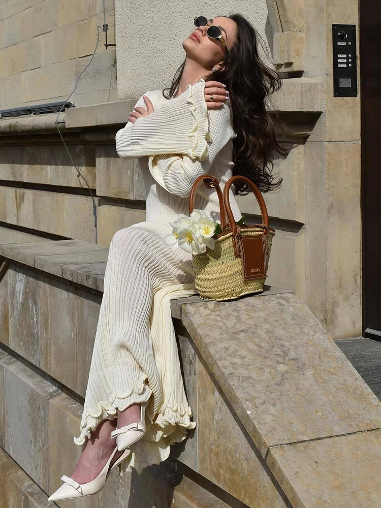 TARUXY Pleated Wavy Knit Maxi Dress For Women Lace-up Long Sleeve Loose Casual Sweater Dress Female Party Clothes Solid Elegant 250805