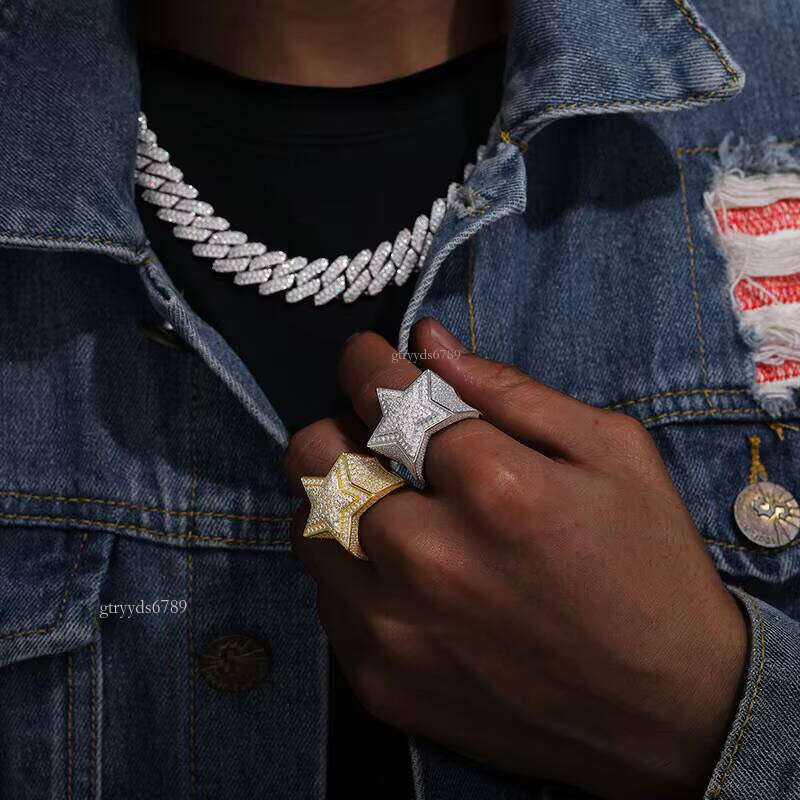 S Pure Silver VVS D Colorful Chrysolite Pentagram Hip-Hop Fashion Jewelry Iced Out Men's Wedding Ring