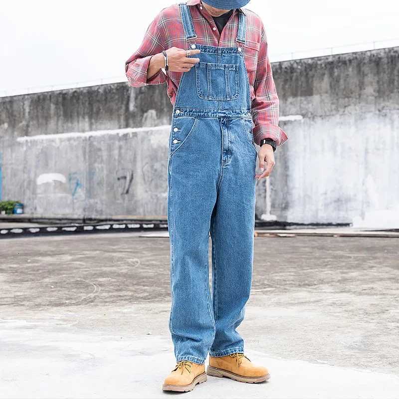 Blue Mens Suspenders Loose Straight Unisex Work Pants One Piece Tooling Suspenders Pants Men Denim Jumpsuit X250812