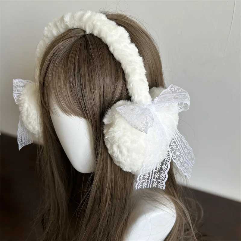 Winter New Japanese Sweet Girl Cute Earmuffs Lace Bow Plush Winter Warm Headwear Women Earplugs Cold Protection Love Ear Muffs XJ250812