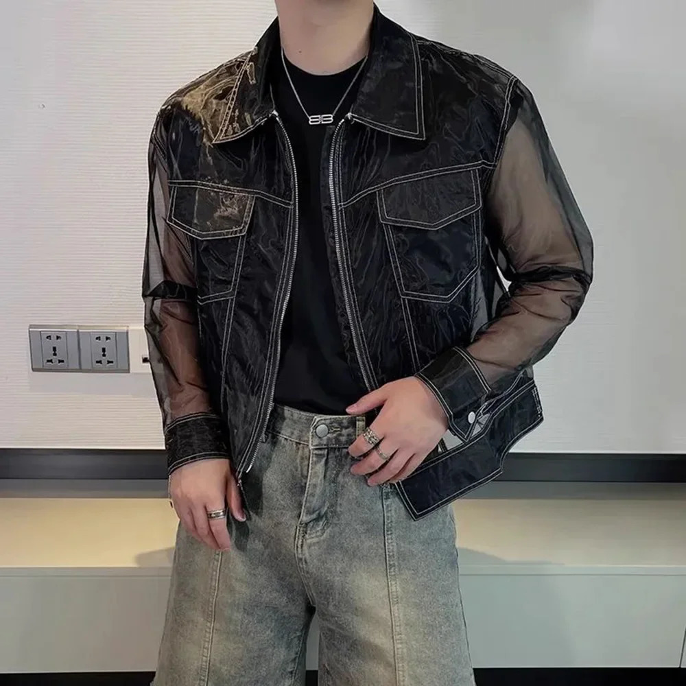 Summer Trendy Men Transparent Sunscreen Jacket Fashion Sexy Mesh Long Sleeve Lapel Top Solid Streetwear Zipper Coat 250811