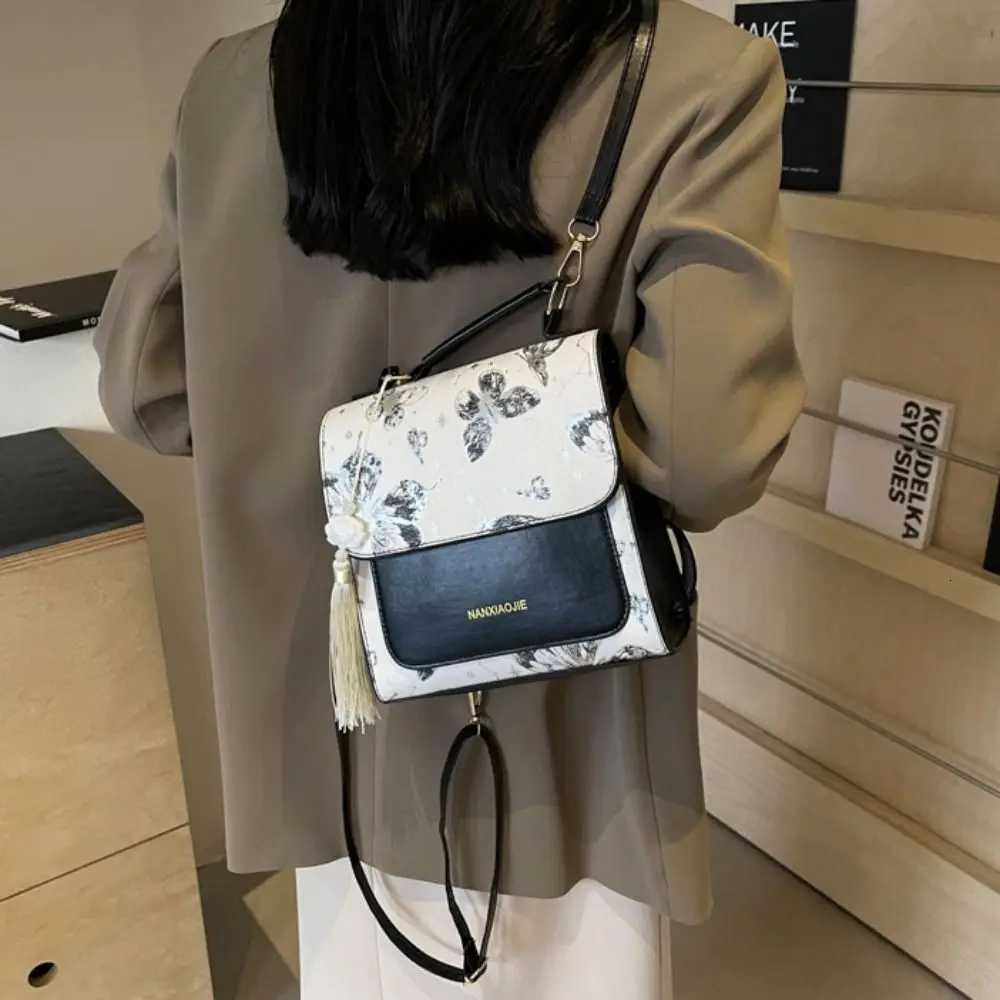 Sweet Embroidery Pu Backpack Tassel Pendant Large Capacity Chinese Style Daypack Vintage Small Square Backpack Women Y250811