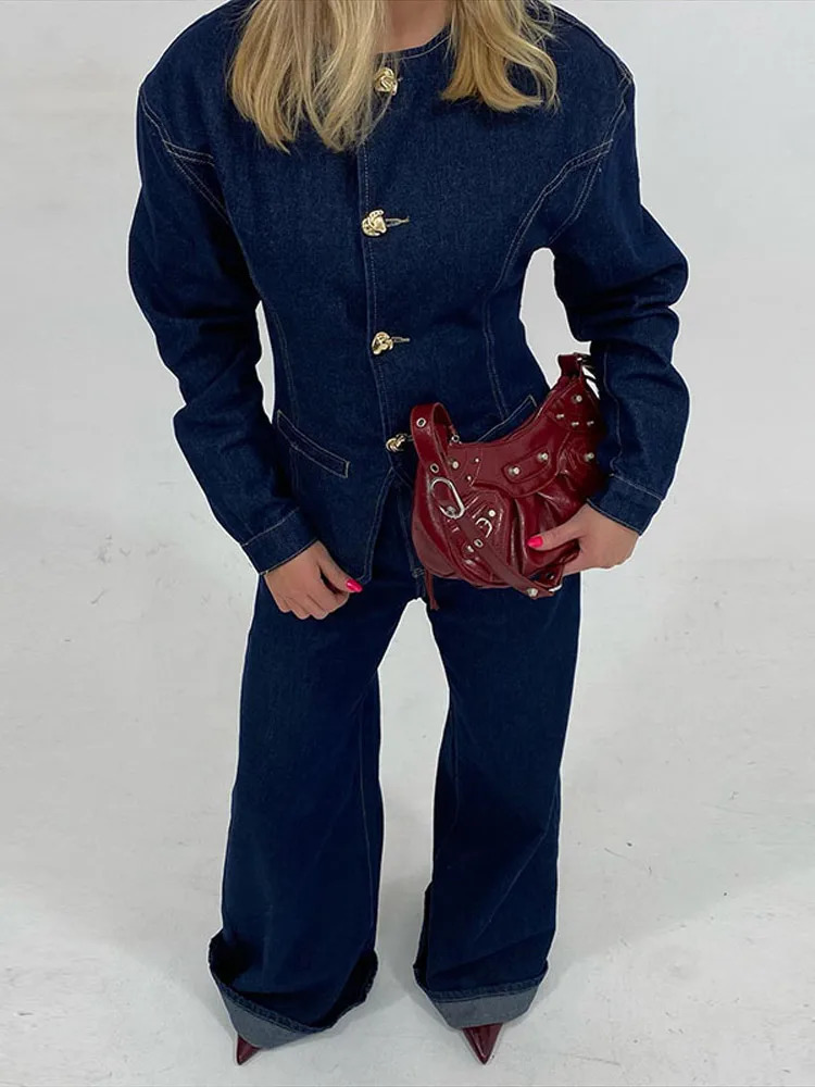 Vintage Denim Jacket Pants Sets Women O-neck Single Breasted Long Sleeve Coat Wide Leg Straight Pant 2025 Autumn Jeans Outfits 250808