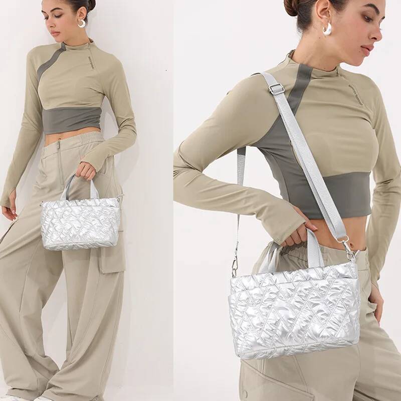 Casual Sier Lingge Quilted Padded Small Tote Bag Soft Nylon Puffer Women Handbag Trend Wide Strap Shoulder Crossbody Bags 2025