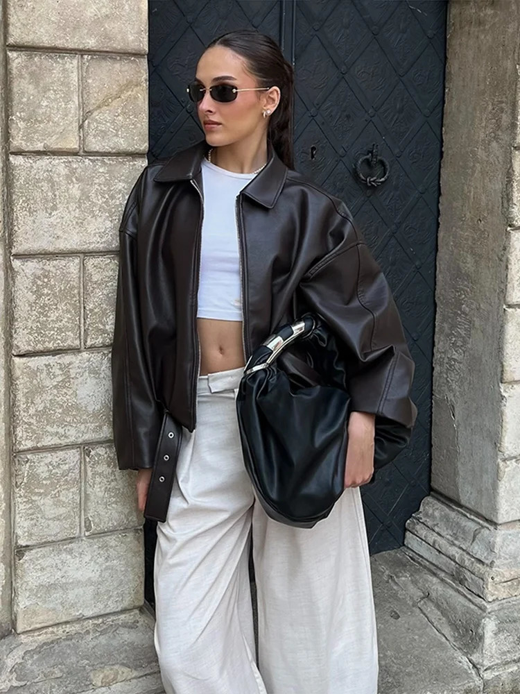 Elegant Pu Zipper Jacket with Belt Women Long Sleeve Lapel Loose Pockets All-match Jacket 2025 Autumn Leather Street Coat Lady 250811