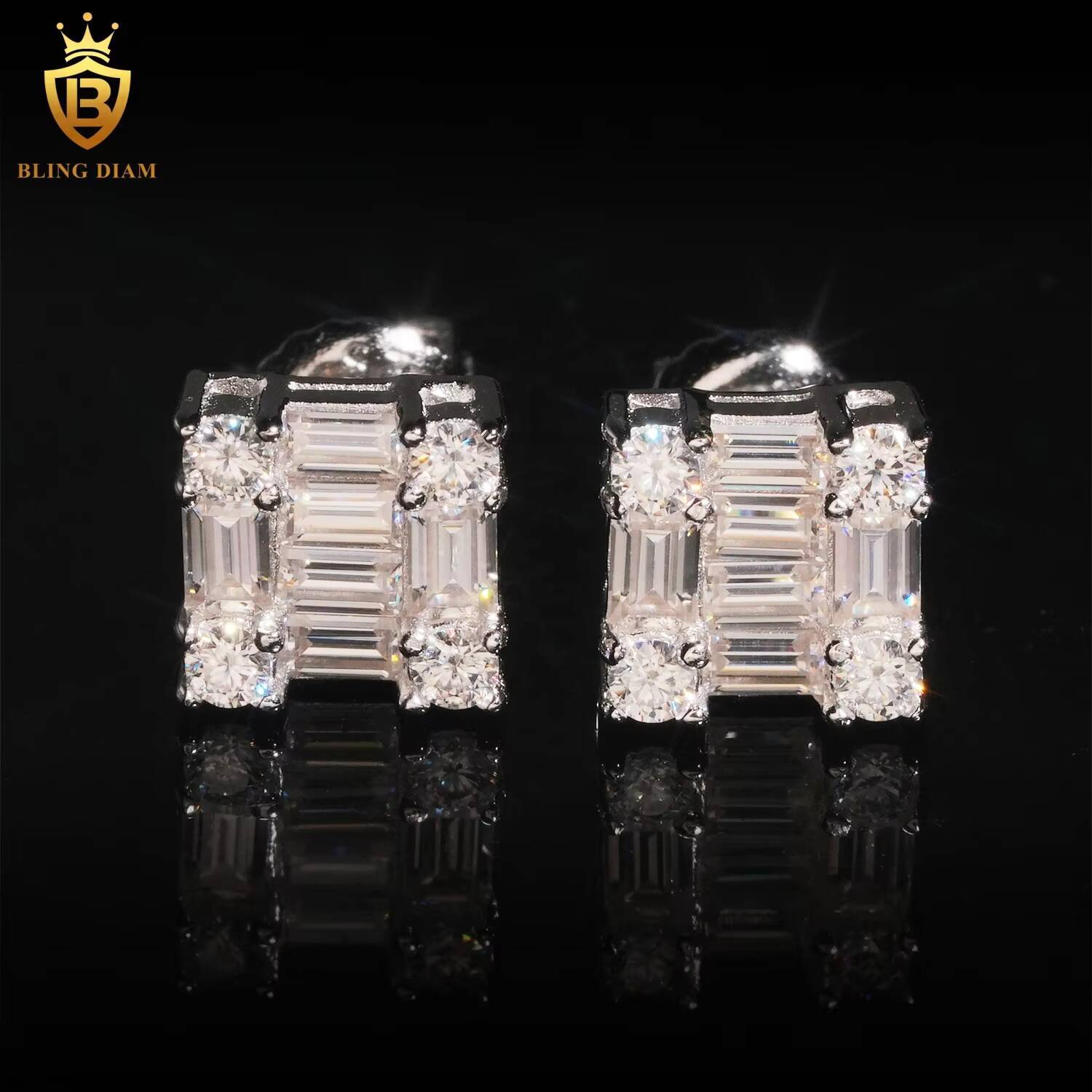 Wholesale Price 925 Sterling Silver Iced Out Luxury Custom VVS Moissanite baguette Stud Earrings