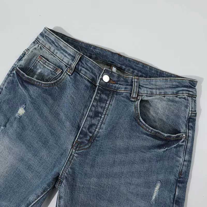 Street Fashion Men Jeans Retro Blue Stretch Skinny Fit Ripped Jeans Men Red Leather Patched Designer Hip Hop Brand Denim Pants X250812