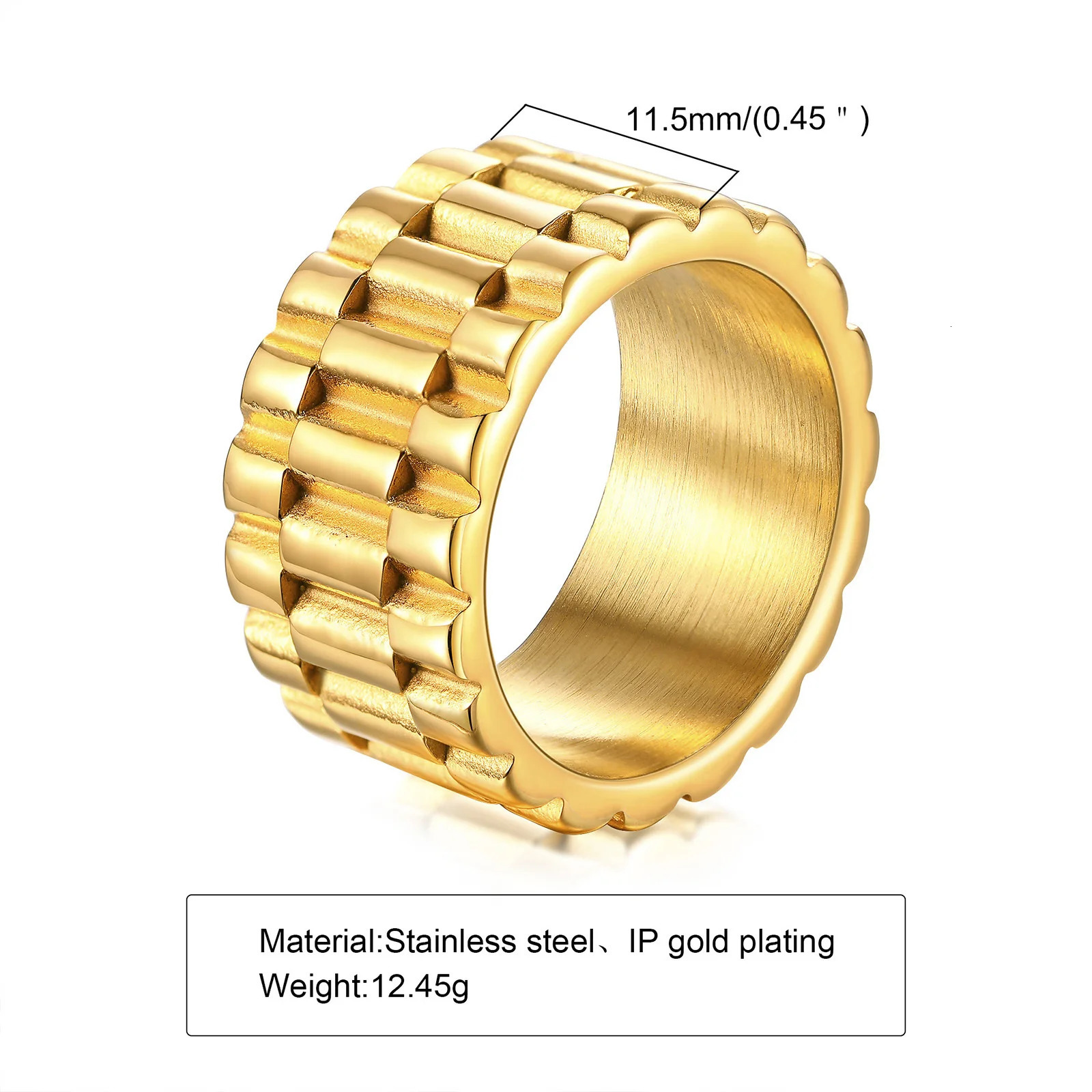 Vnox 11mm Watch Band Shaped Ring for Men Gold Color Stainless Steel Punk Finger Band Rock Gothic Hiphop Boy Jewelry 250812