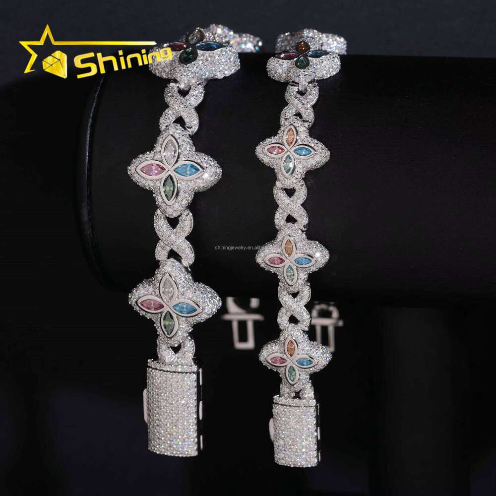 Unique Design Jewelry Hot Selling Hip Hop Mulit Color Marquise Moissanite Iced Out S Sier Cuban Clover Bracelet Men
