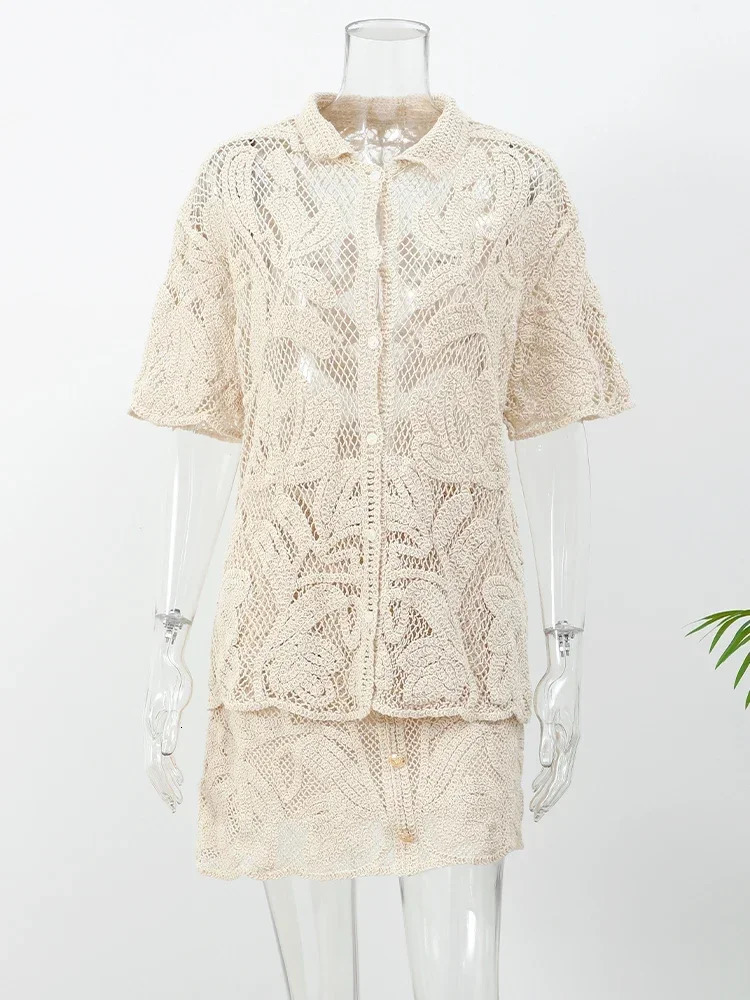 BWQ Women Hollow Out Knitted Skirt Two Pieces Set Loose V Neck Short Sleeve Single Breasted Tops Sets Summer Office Streetwear 250811