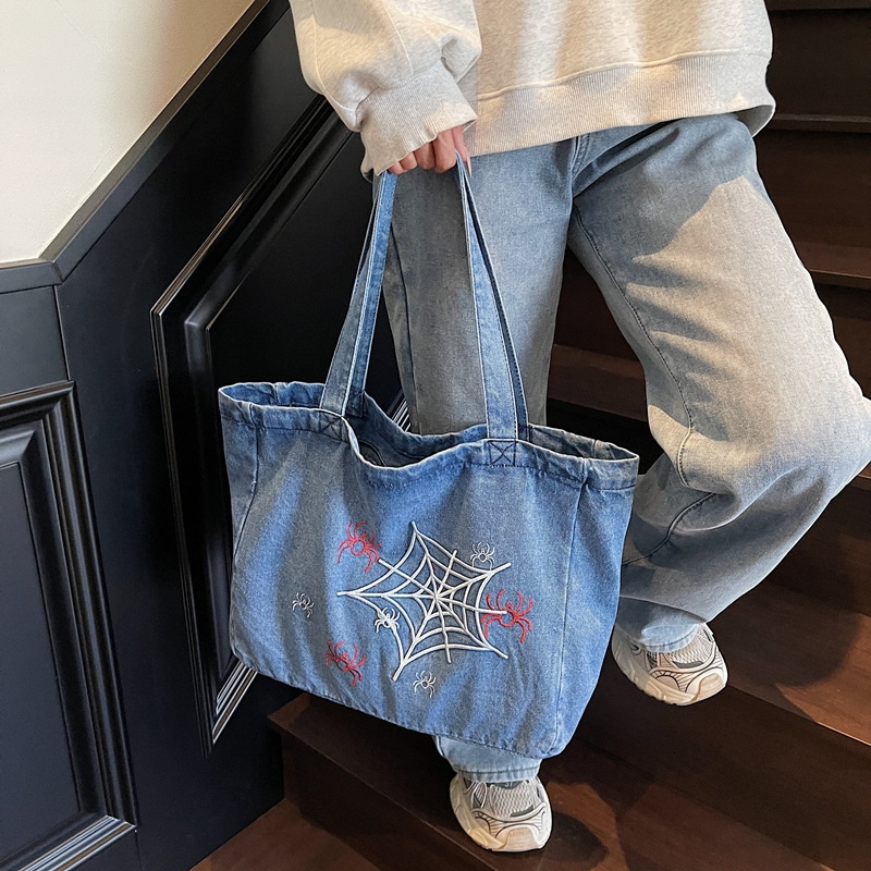 Denim Women New Cartoon Graffiti Embroidery Shoulder Large Capacity Handheld Tote Bag