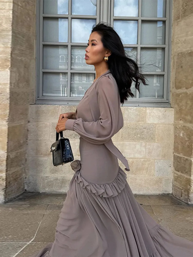 Women Chiffon V-Neck Wrap Top Set Tie Lantern Sleeve Blouse Ruffled Tiered Maxi Skirt Fashion Elegant Suit Chic Lady Outfit 250811