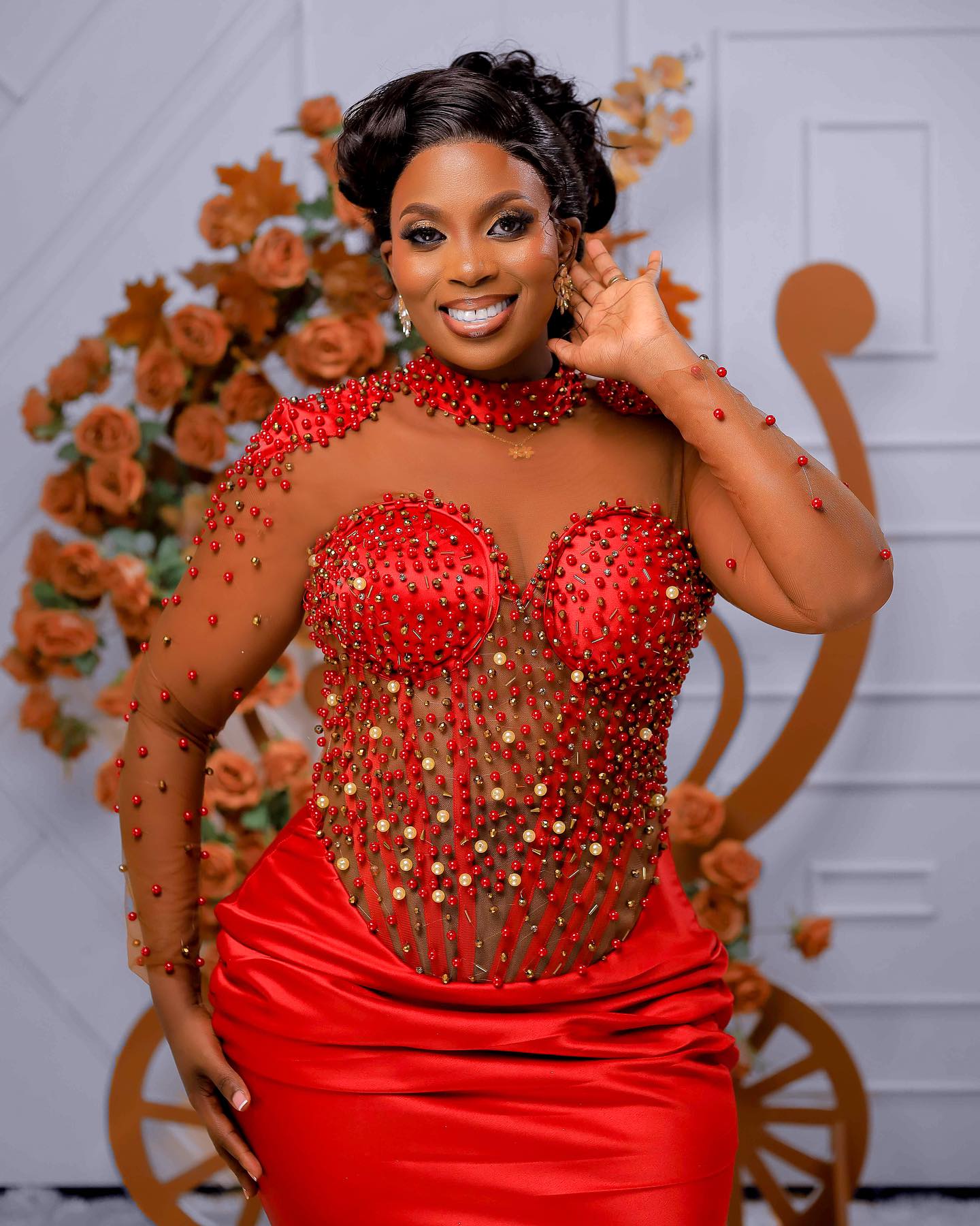 Mermaid Red Plus Size Prom Dress 2025 Evening Dresses For Special Occasions High Neck Beaded Pearls Illusion Long Sleeves Birthday Second Reception Go