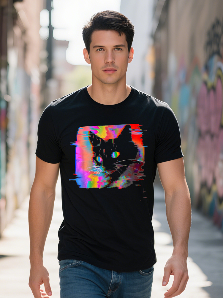 Psychedelic Weirdcore Cat Vaporwave Aesthetic Trippy T-Shirt in Plus Size L XL by