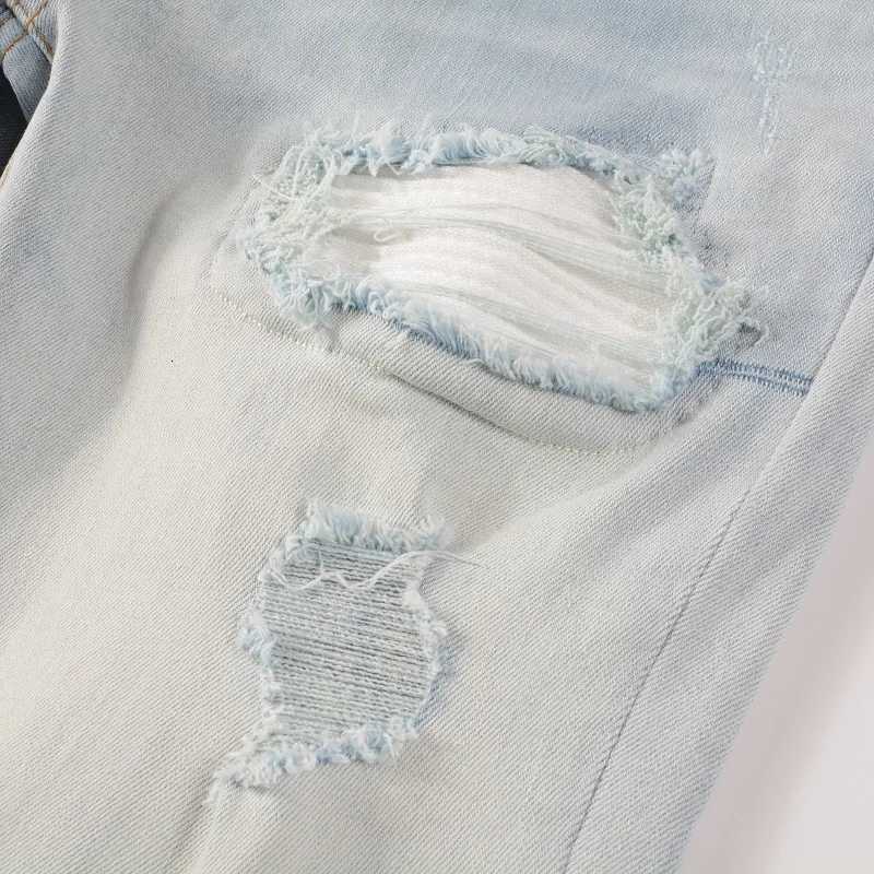Men Pale Light Blue Biker Jeans Cracked Pleated Patch Patchwork Stretch Denim Pants Streetwear with Holes Ripped Skinny Trousers X250812