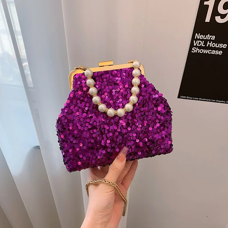 Vintage Rose red Silver Purple Sequin Evening Bags Pearl Chain Handbag For Women Wedding Party Chain Shoulder Bags Small Clutch 250809