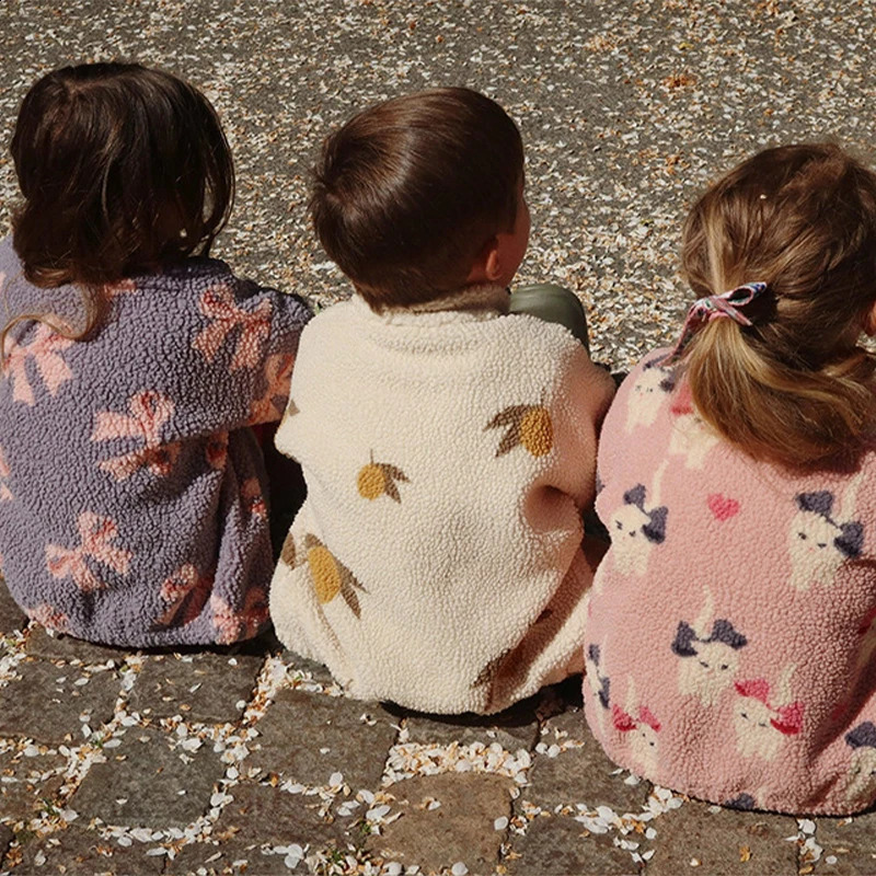 Autumn Winter Konges Slojd Childrens Jacket Boys Polar Fleece Cottonpadded Clothes Girls Pink Swan Printing Coat 250812