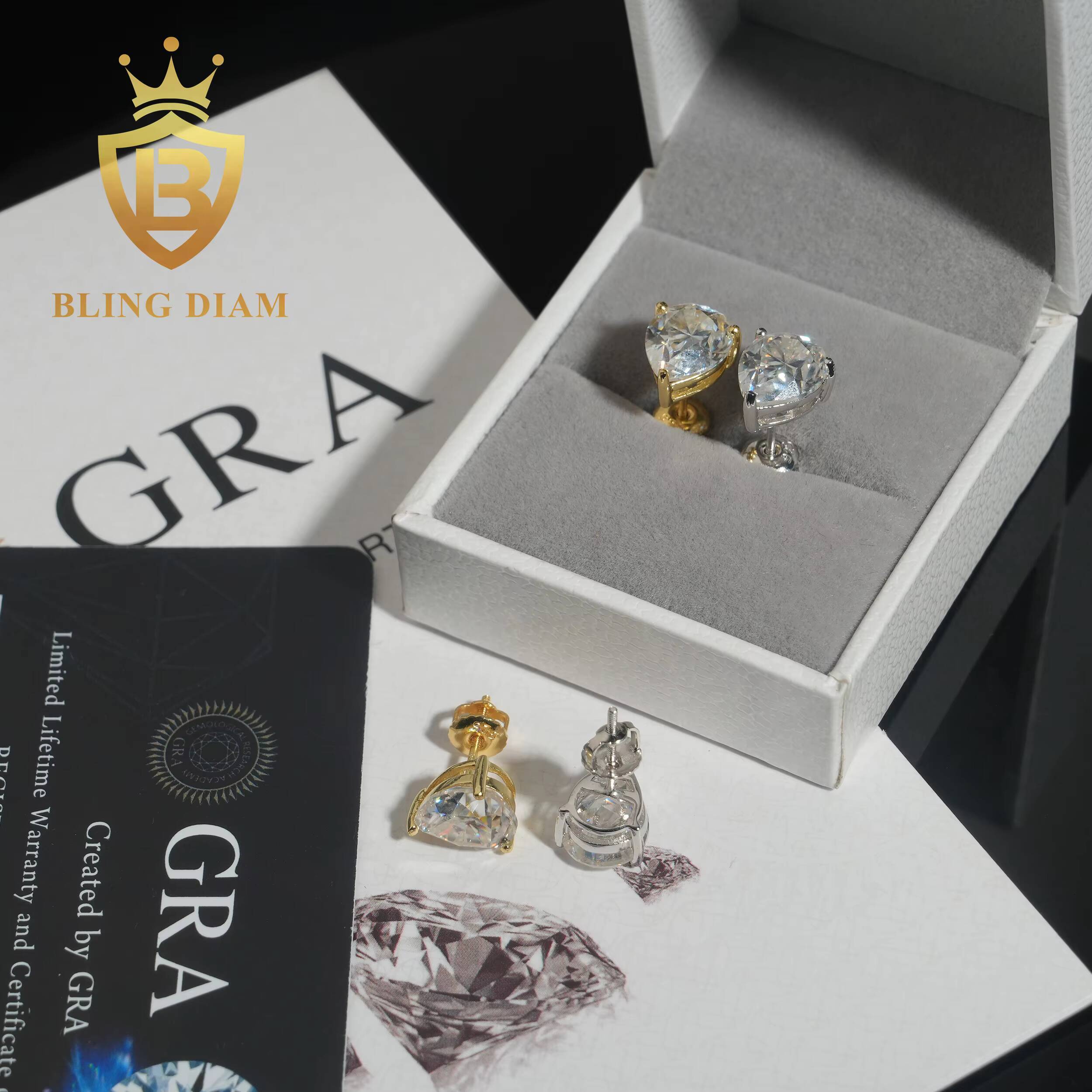 GRA Certificate 2ct Pear Cut Moissanite Diamond Earrings 925 Sterling Silver Hip Hop Stud Earrings Screw Back