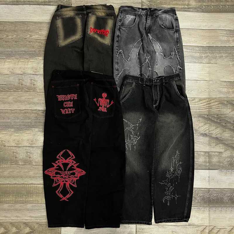 2K Vintage Washed Jeans Gothic Punk Style Embroidery Design High Waist Loose Wide Leg Jeans Casual Men Women Hip Hop Streetwear X250812