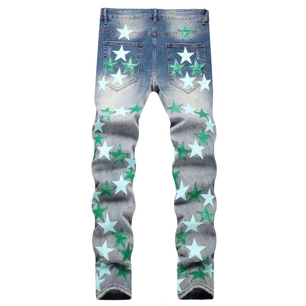 Men Leather Stars Patch Denim Jeans Streetwear Slim Tapered Pants with Holes Ripped Distressed Stretch Cotton Trousers X250812