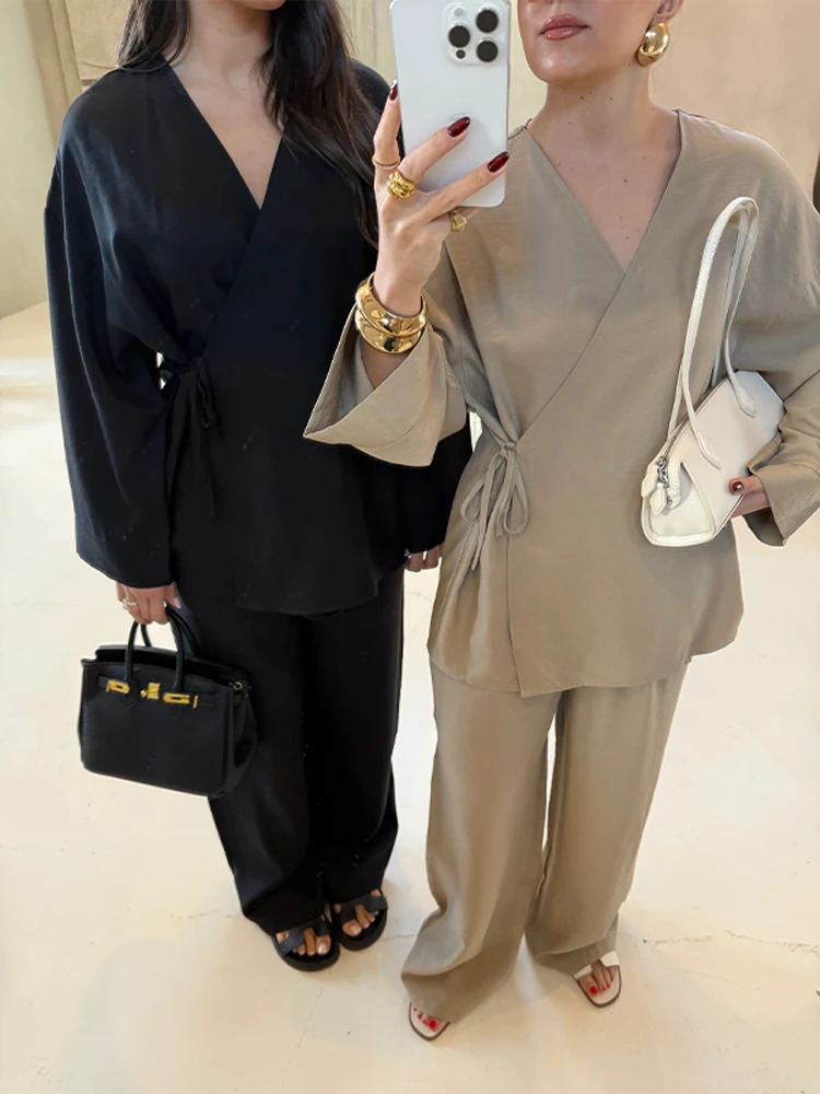 Womens Summer Fashion Linen Solid Shirt Set Belted Cardigan Kimono Top High Waist Womens Wide Leg Pants 2-piece 2025 250811