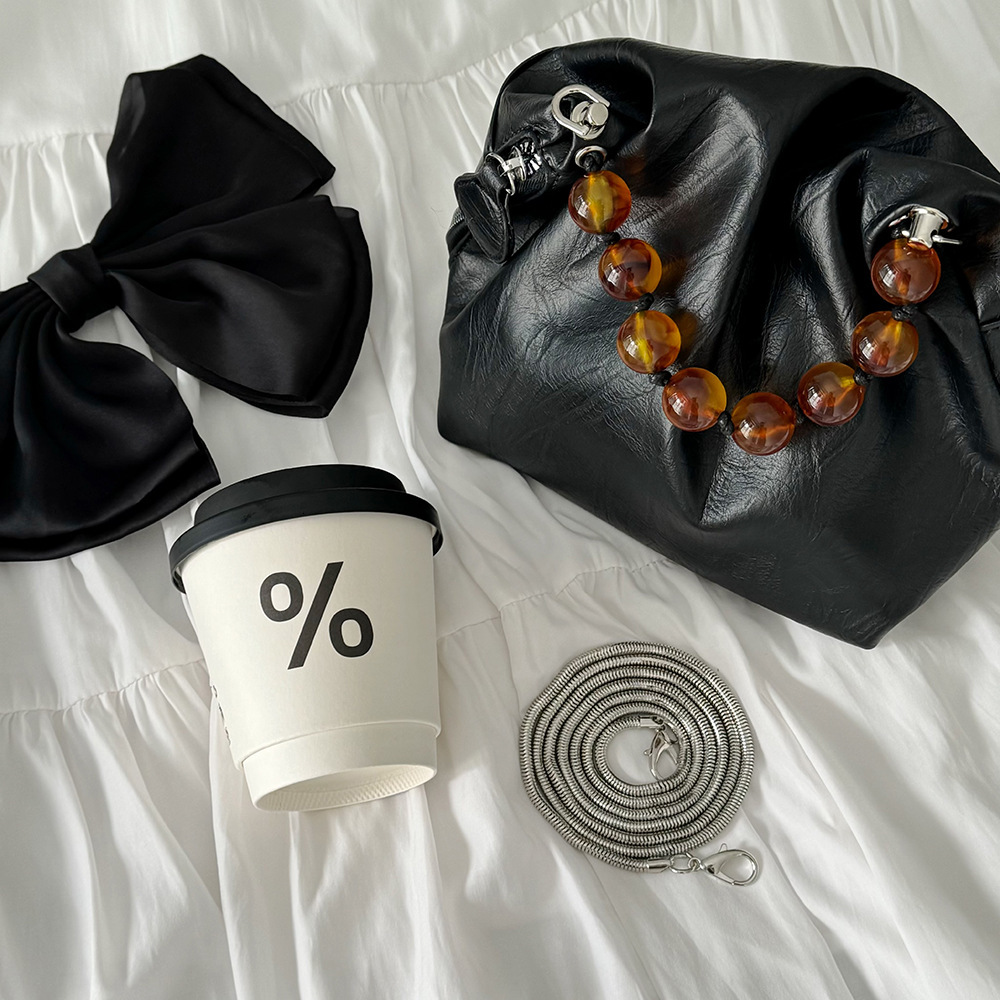 Women s Matching Soft Leather Handheld Pattern Commuting New Chinese Style Beaded Black Handbag Crossbody Bag ddmymarket