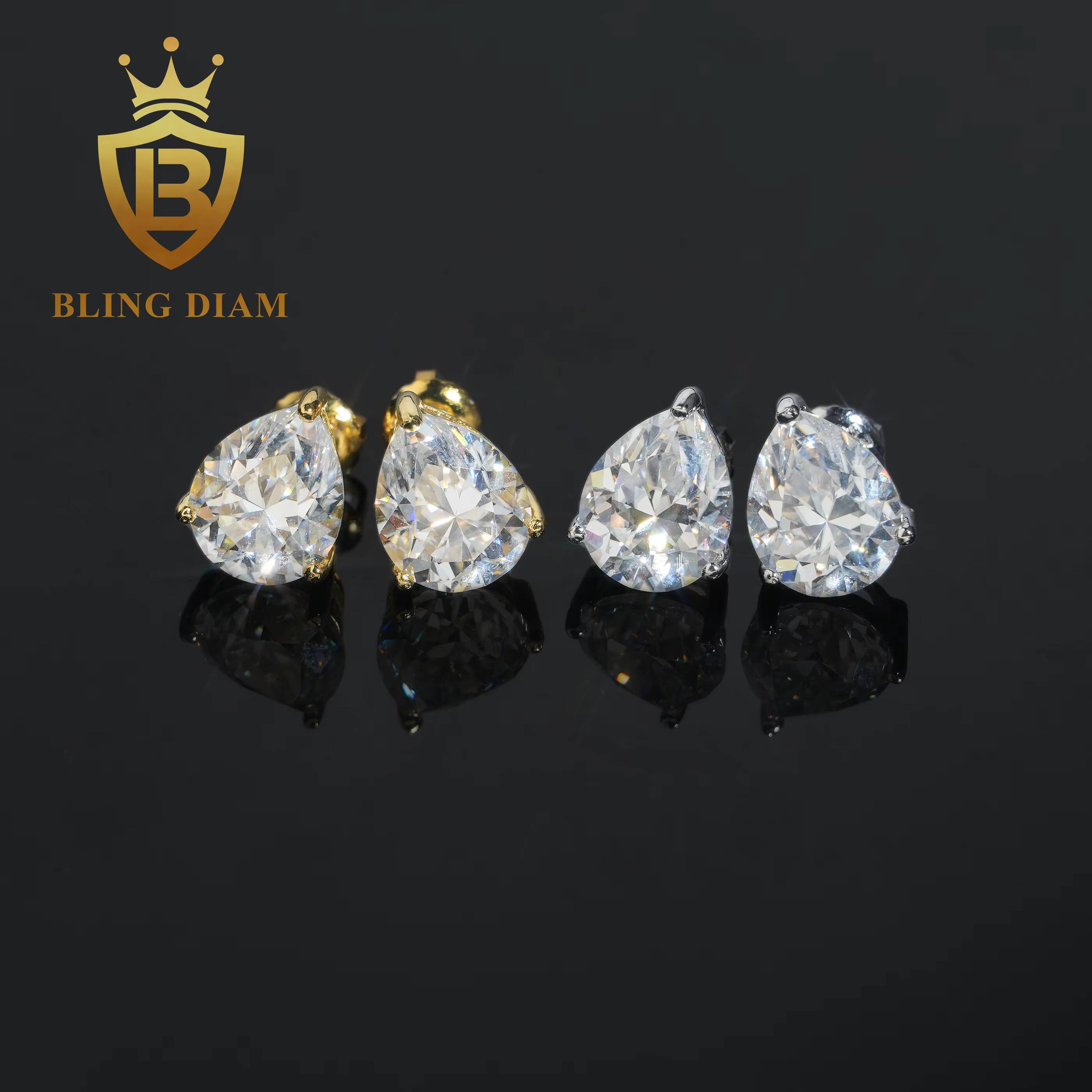 GRA Certificate 2ct Pear Cut Moissanite Diamond Earrings 925 Sterling Silver Hip Hop Stud Earrings Screw Back