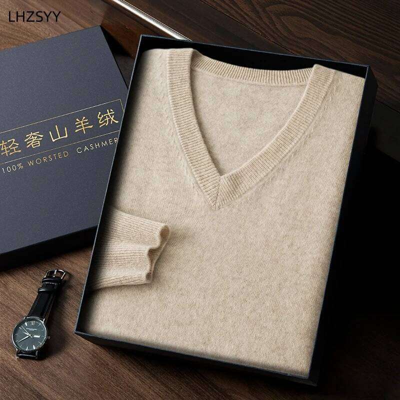 LHZSYY Autumn Winter 100%Pure Cashmere Sweater Men V-Neck Knit Pullover High-End Plus-Size Tops Youth Business Casual Warm Shirt 250812