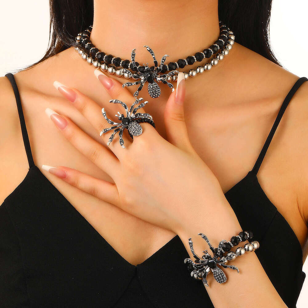 Gothic Dark Punk Exaggerated Halloween Rhinestone Spider Necklace Bracelet Ring Set for Women and Men