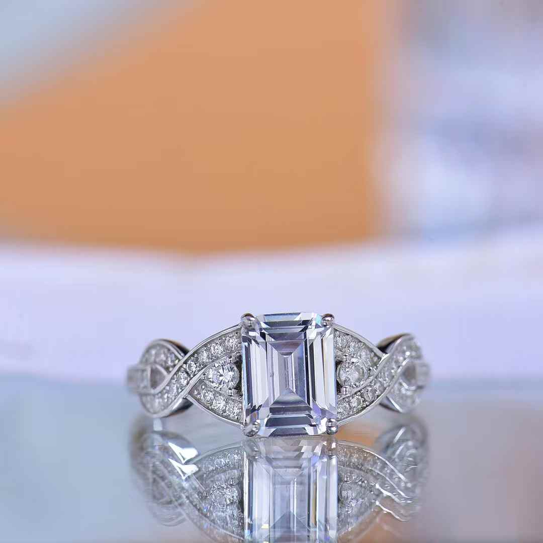Moissanite Emerald Cut Ring Sparkly Square Gem with Twisted Band Diamond Look Silver Ring for Women
